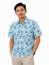 Load image into Gallery viewer, Batik Shirts White Blue Floral Wave
